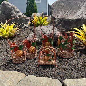 Vintage Pineapple Wicker & Metal Kitchen Decor Set Utensil & Napkin Holder